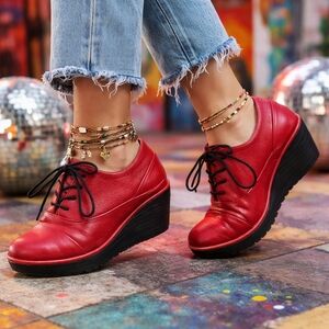 Fly London Red Leather Platform Wedge Oxford Lace Up Shoes Comfort
